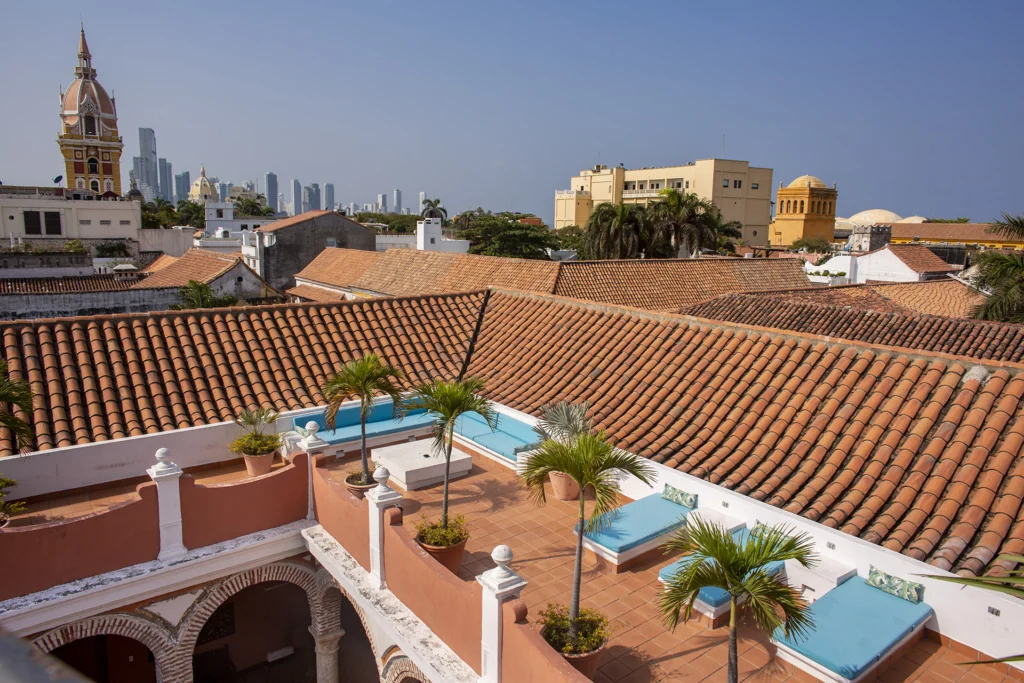 Rooftop terrace with lounge area at Casa Estrella in the Walled City of Cartagena.