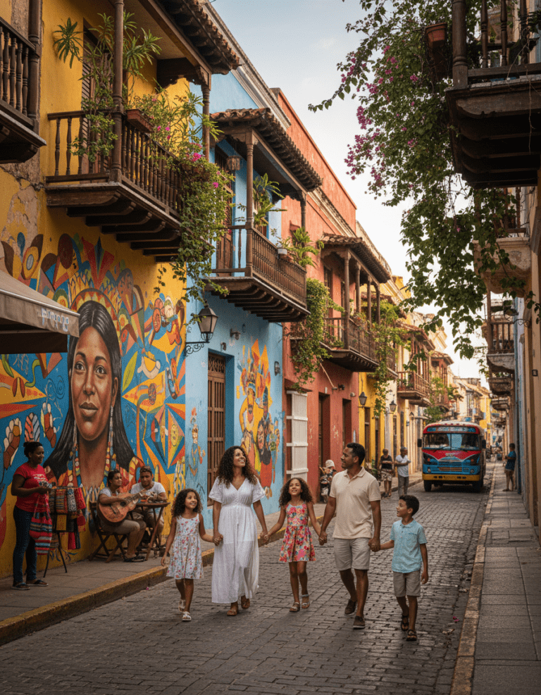 Family of five walking down a cobblestone street lined with vibrant colonial balconies and murals in Cartagena at Two Travel Home.