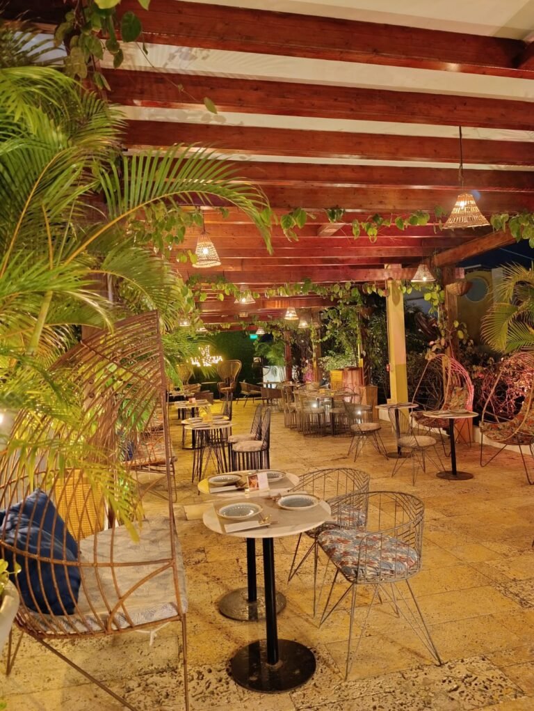 Cozy outdoor patio dining area filled with potted tropical plants and wicker furniture at Hotel Nacar Collection Cartagena.
