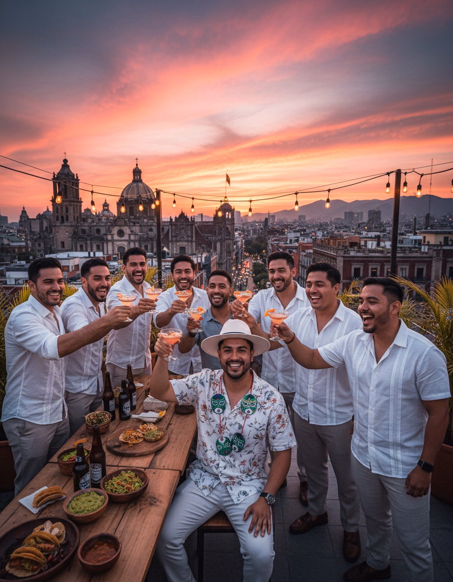 Large group travel 15 to 20 guests, rooftop bachelor party toast, VIP destination services, custom concierge planning with Two Travel.