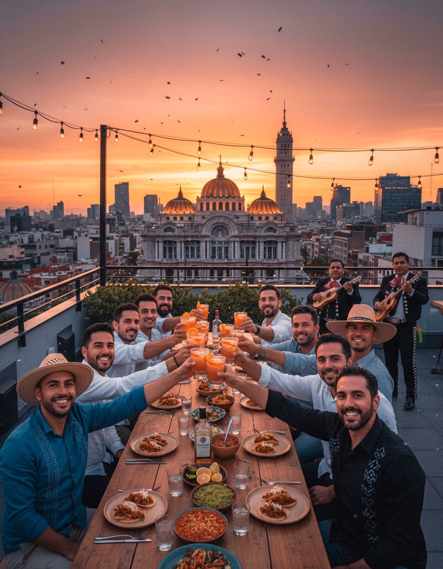 A large group of guests sitting at a long outdoor dining table on a rooftop at sunset, raising a toast with a live mariachi band playing in the background.