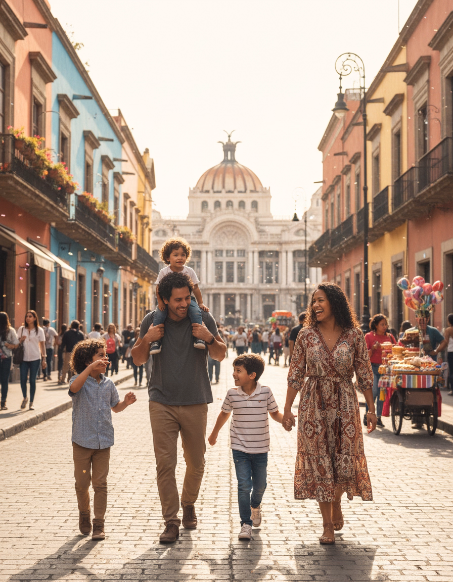 A family with young children walking together down a cobblestone street toward the Palacio de Bellas Artes in Mexico City.