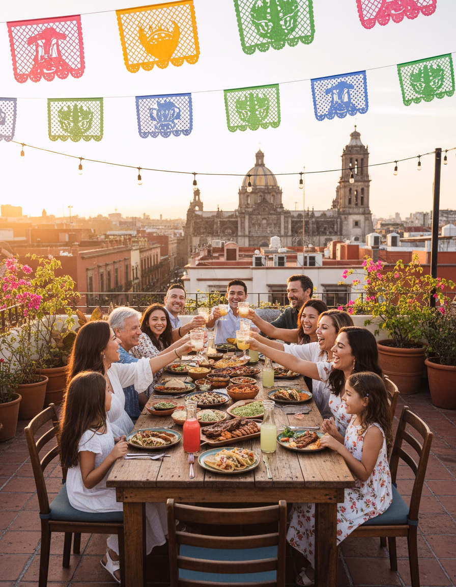 A multi-generational family of 10 to 14 guests toasting around a wooden dining table under papel picado with the Metropolitan Cathedral in the background.