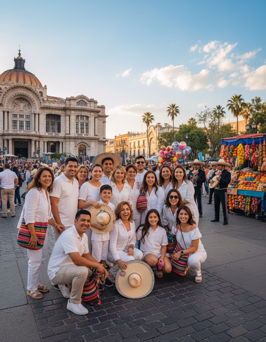 A group of 15 to 20 family members dressed in white posing together outside the Palacio de Bellas Artes in Mexico City.