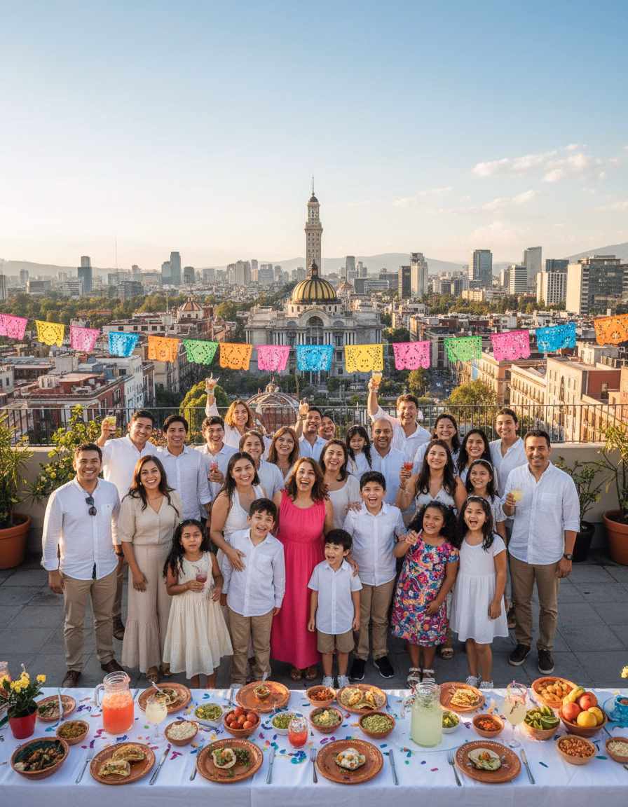 A large family group of over 20 guests posing behind a catered banquet table on a terrace with the Mexico City skyline and cathedral dome in the background.