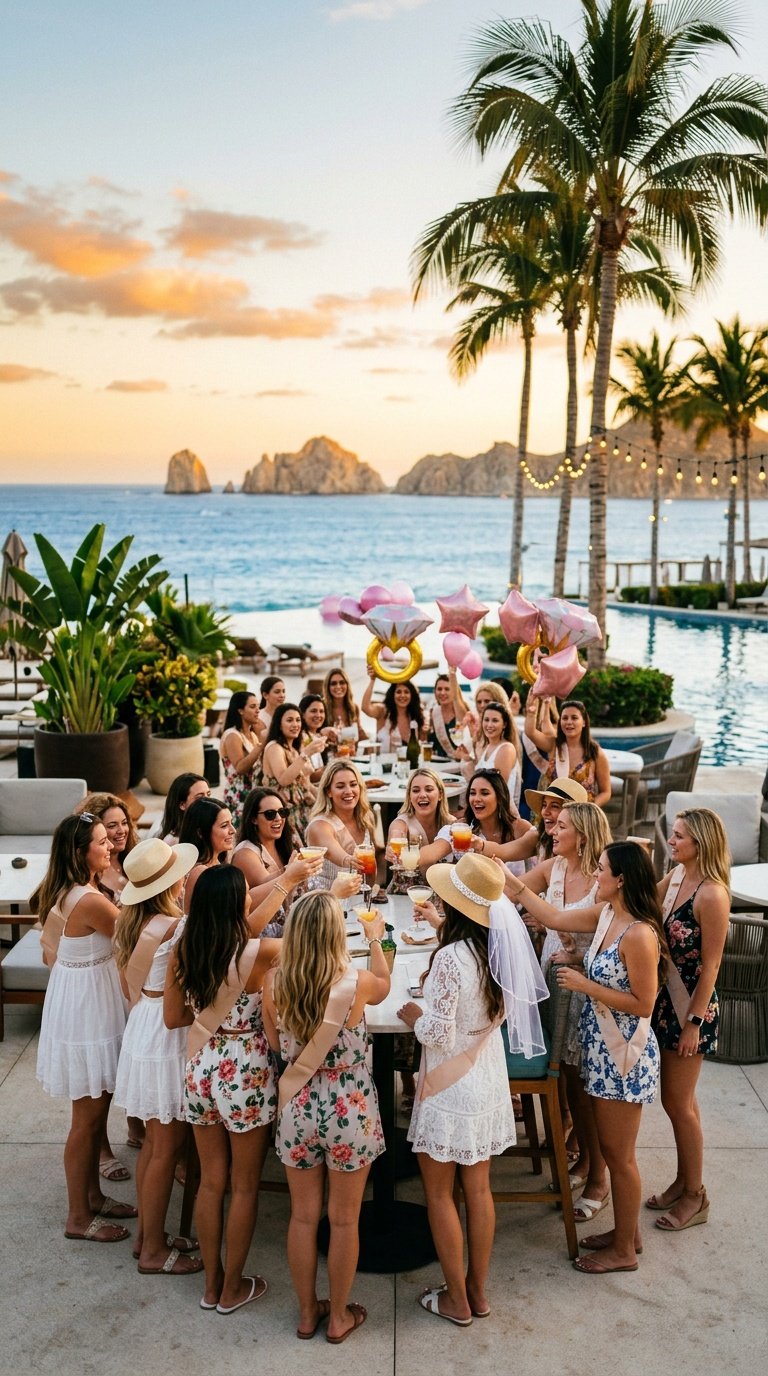 Large luxury bachelorette party group celebrating in Cabo San Lucas with more than 20 guests