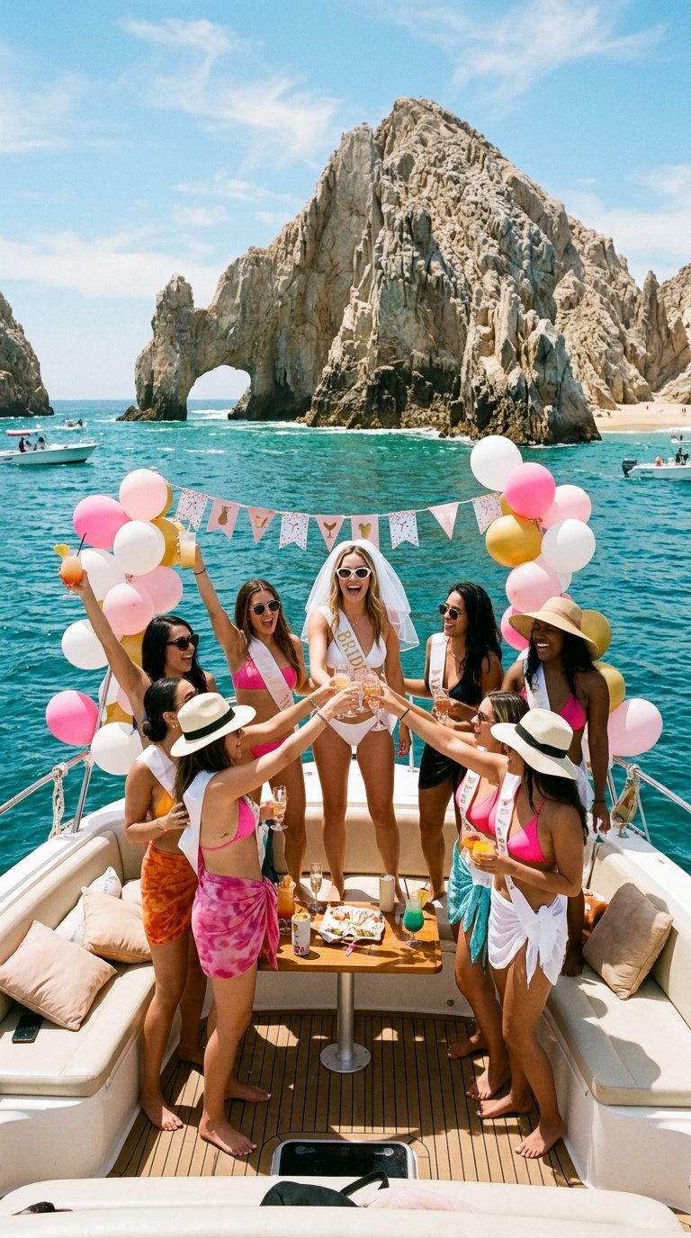 Small bachelorette party group celebrating on a luxury yacht in Cabo San Lucas