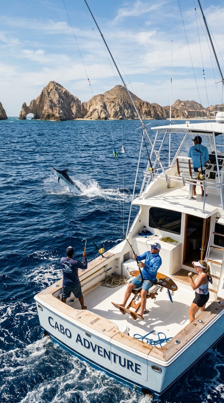 Deep sea fishing charter in Cabo San Lucas with anglers catching marlin offshore