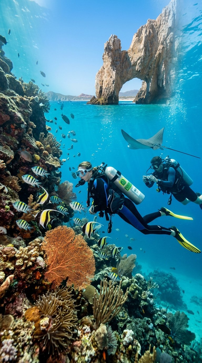 Scuba diving in Cabo San Lucas exploring colorful marine life and coral reefs