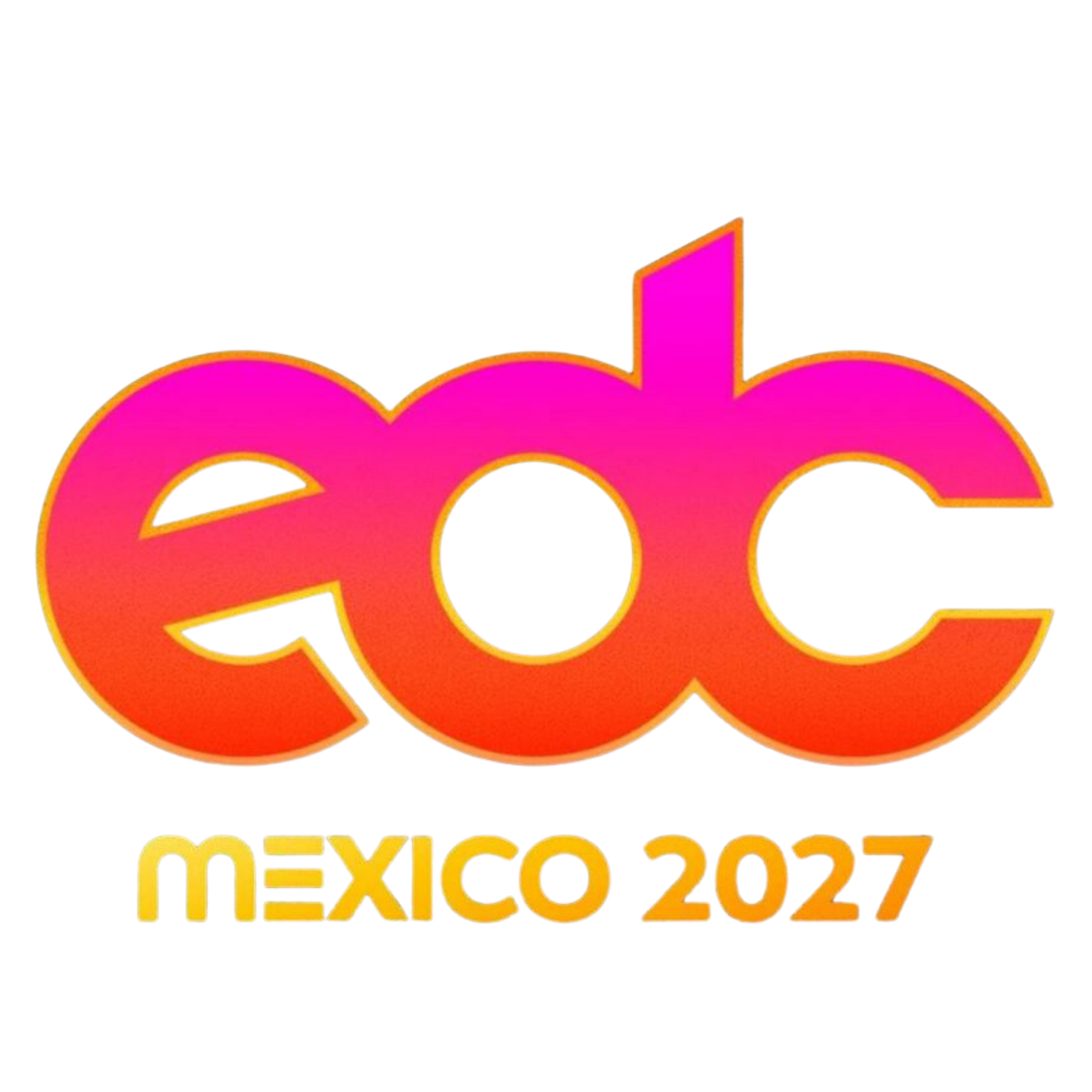 Logo for EDC Mexico 2027 with large, rounded letters edc in pink and orange gradient, and Mexico 2027 in yellow below, on a white background.