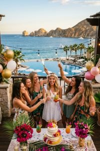 Bachelorette party celebration in Cabo San Lucas with friends enjoying a private event