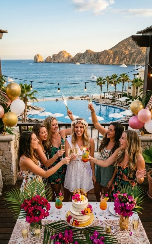 Bachelorette party celebration in Cabo San Lucas with friends enjoying a private event