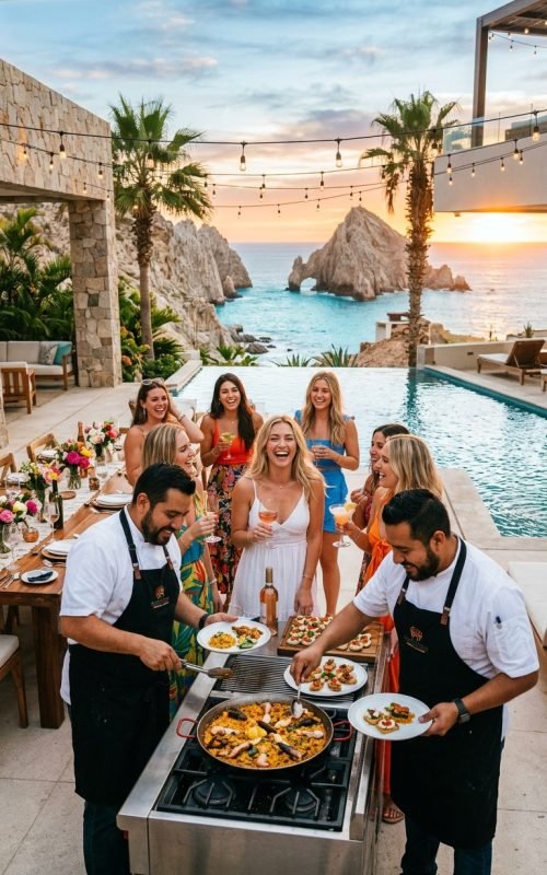 Private chef preparing an in-villa dining experience for a bachelorette party in Cabo San Lucas
