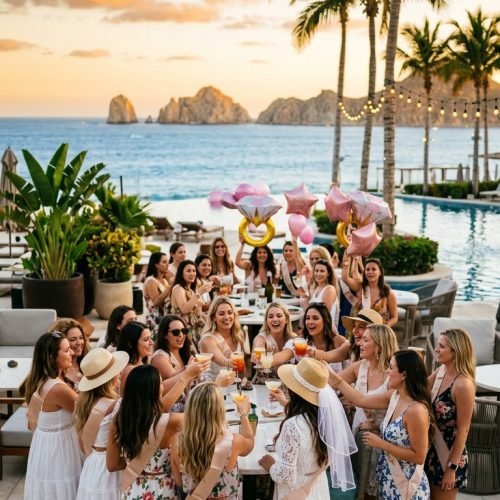Large luxury bachelorette party group celebrating in Cabo San Lucas with more than 20 guests