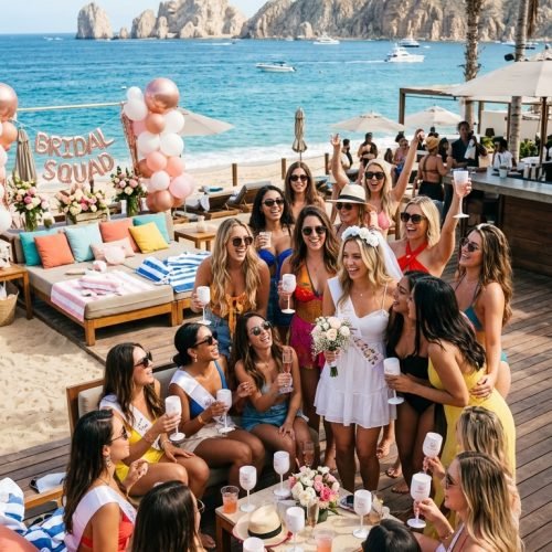 Large bachelorette party group celebrating in Cabo San Lucas with 15 to 20 guests