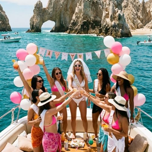 Small bachelorette party group celebrating on a luxury yacht in Cabo San Lucas