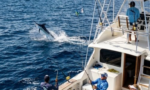 Deep sea fishing charter in Cabo San Lucas with anglers catching marlin offshore