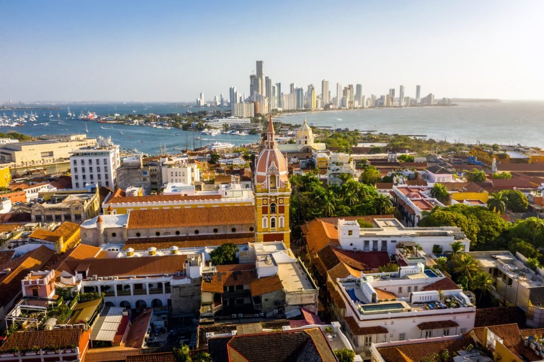 Aerial,View,Of,The,Historic,City,Center,Of,Cartagena,,Colombia.